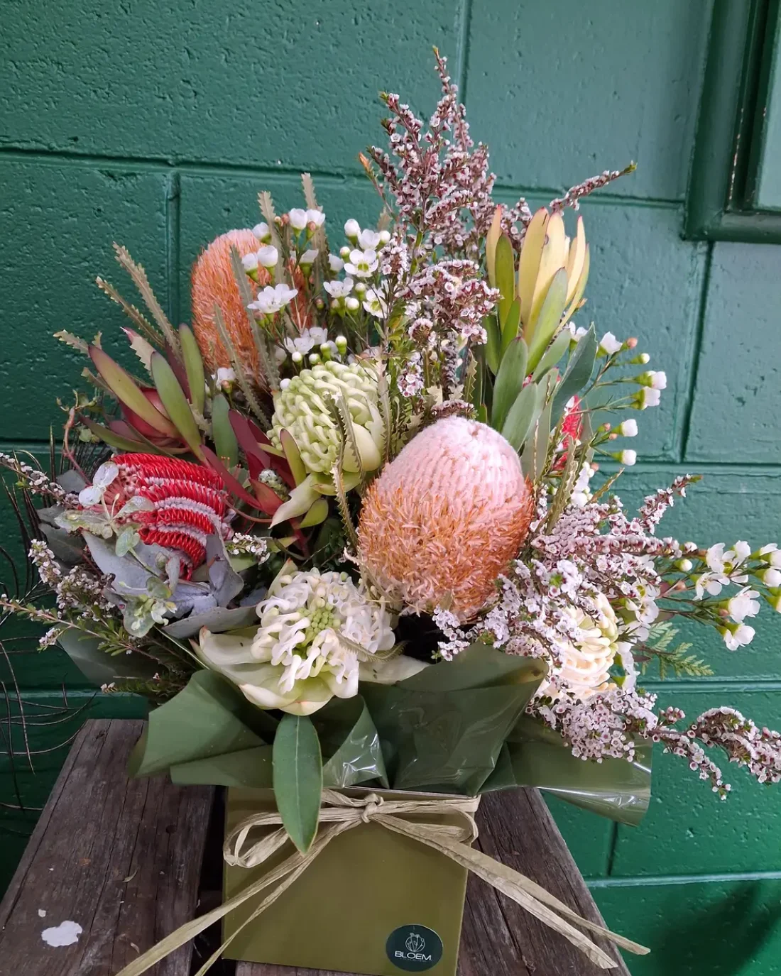 The Grand Bloom Box, a native arrangement of banksia, waxflower and leucadendron in a BLOEM gift box