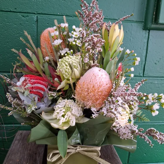 The Grand Bloom Box, a native arrangement of banksia, waxflower and leucadendron in a BLOEM gift box